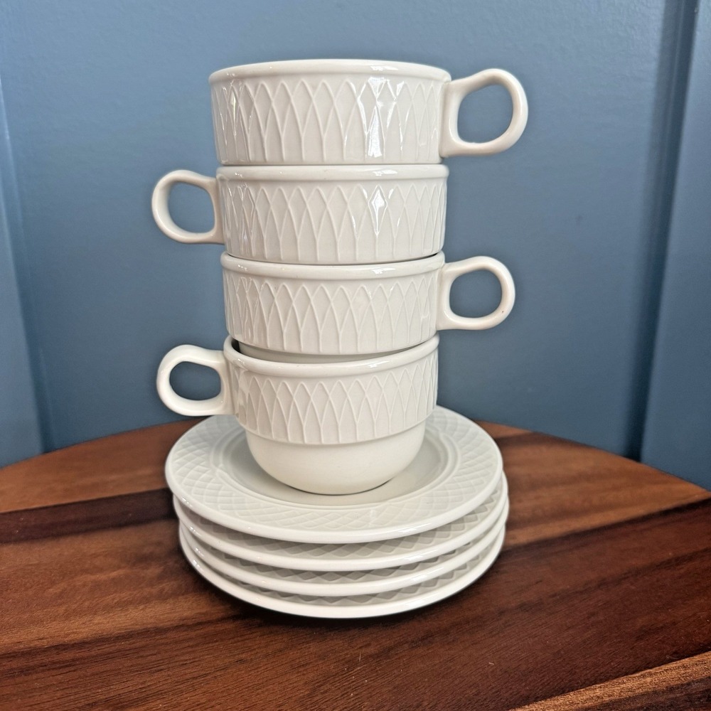 Homer Laughlin Gothic White Stackable Tea Cups & Saucers Set of 4 Embossed